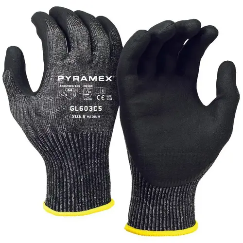 Pyramex GL603C5L Cut & Puncture Resistant Gloves; Style: Knit ; Coating Material: Microfoam Nitrile ; Coating Coverage: Palm & Fingers ; Glove Type: Cut, Puncture & Abrasion-Resistant ; ANSI/ISEA Cut Resistance Level: A4 ; Primary Material: HPPE