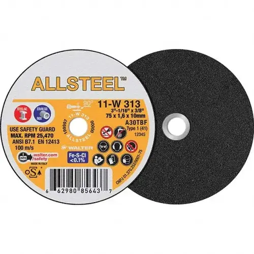 WALTER Surface Technologies 11W313 Cut-Off Wheel: Type 1, 3" Dia, 1/16" Thick, 3/8" Hole, Aluminum Oxide