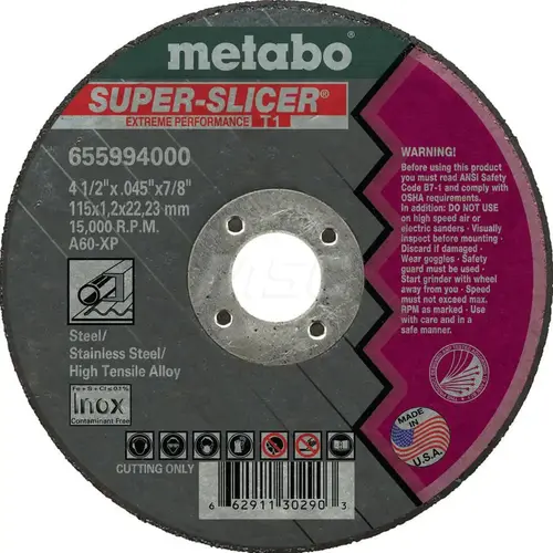 Metabo 655994000 Cut-Off Wheel: Type 1 (01/41), 4-1/2" Dia, Aluminum Oxide