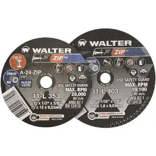 WALTER Surface Technologies 11L413 Cutoff Wheel: Type 1, 4" Dia, 1/16" Thick, 3/8" Hole, Aluminum Oxide