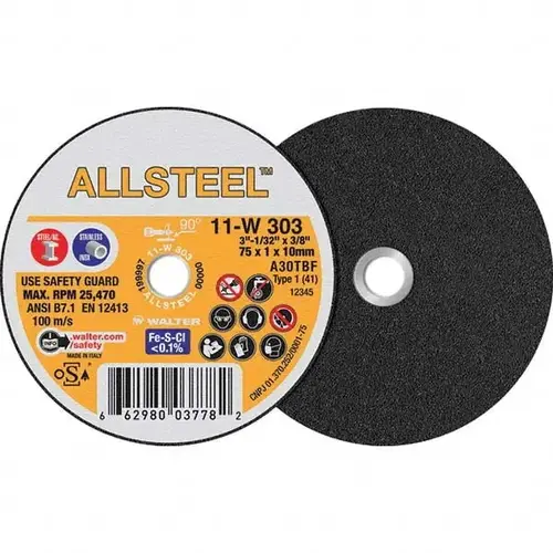 WALTER Surface Technologies 11W303 Cut-Off Wheel: Type 1, 3" Dia, 1/32" Thick, 3/8" Hole, Aluminum Oxide