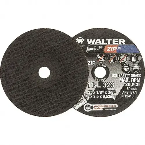 WALTER Surface Technologies 11L323 Cutoff Wheel: Type 1, 3" Dia, 1/8" Thick, 3/8" Hole, Aluminum Oxide
