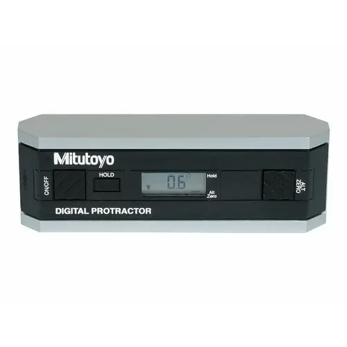 Digital & Dial Protractors; Style: Digital; Measuring Range (Degrees): 360.00; Maximum Angle Measurement: 360 0; Batteries Included: Yes; Number Of Batteries: 1; Features: Powered by 9v Battery for 500 Hour Battery Life; Magnetic Base: No; Battery Type: 9