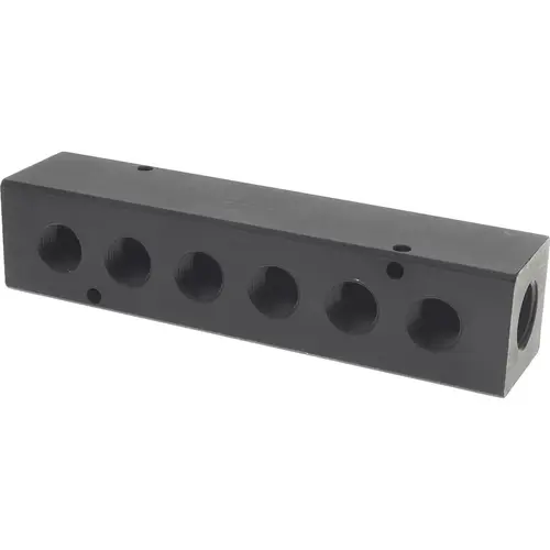 MSC PCM30-375-06B Manifold: 1/2" Inlet, 3/8" Outlet, 2 Inlet Ports, 6 Outlet Ports, 6.75" OAL, 1.5" OAW, 1-1/2" OAH