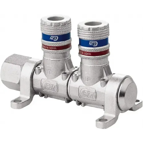 CEJN 19-902-9152-NPT Manifold: 1/2" Inlet, 1/4" Outlet, 1 Inlet Port, 2 Outlet Ports, 4.4" OAL, 2.28" OAW, 2.7" OAH