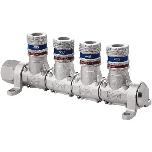 CEJN 19-902-9004-NPT Manifold: 1/2" Inlet, 1/4" Outlet, 1 Inlet Port, 4 Outlet Ports, 7" OAL, 2.28" OAW, 2.7" OAH