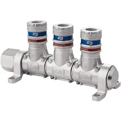 CEJN 19-902-9153-NPT Manifold: 1/2" Inlet, 1/4" Outlet, 1 Inlet Port, 3 Outlet Ports, 5.75" OAL, 2.28" OAW, 2.7" OAH