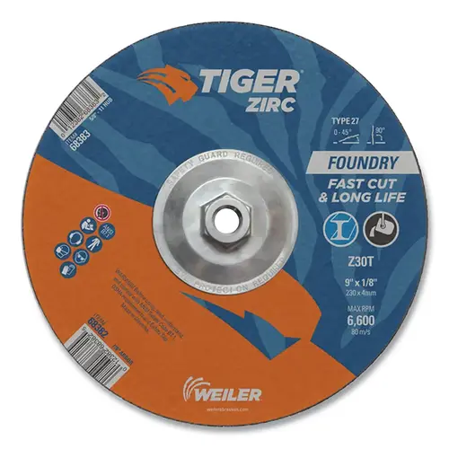 Tiger 68383 Tiger  Grinding Wheel, Combo, 9 in dia x 1/8 in Thick x 5/8 in-11 Arbor, 30 Grit, Zirconia Alumina, Type 27, 10 EA/BX