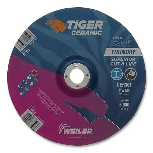 Tiger 68390 Tiger  Grinding Wheel, Combo, 9 in dia x 1/8 in Thick x 7/8 in Arbor, 30 Grit, Ceramic Alumina, Type 27, 25 EA/BX