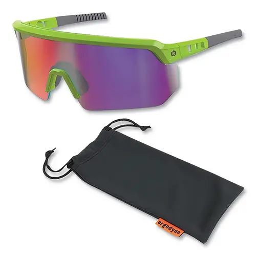 SKULLERZ 55015 Skullerz  AEGIR Safety Glasses/Sunglasses, Purple Mirror Polycarbonate Lens, Fog-Off+  Coating, Lime Frame