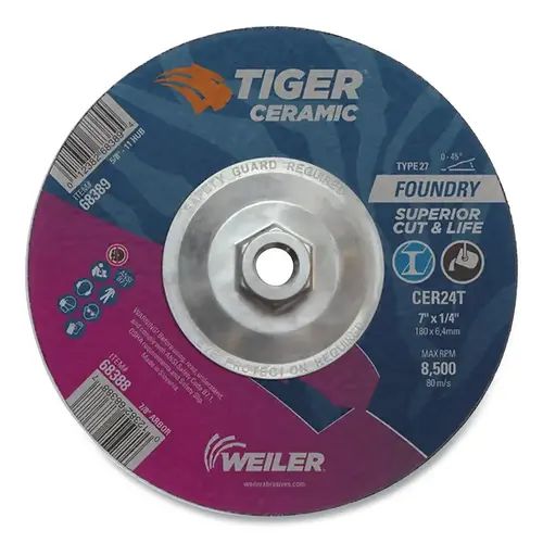 Tiger 68389 Tiger  Grinding Wheel, 7 in dia x 1/4 in Thick x 5/8 in-11 Arbor, 24 Grit, Ceramic Alumina, Type 27, 10 EA/BX