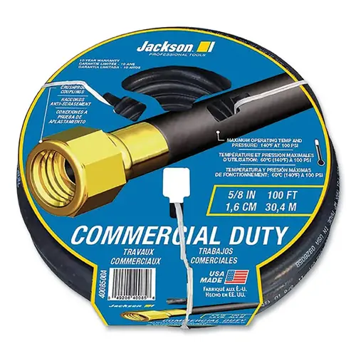 JACKSON PROFESSIONAL TOOLS 4008500A Commercial Duty Hose, 100 ft L, 5/8 in dia, Black