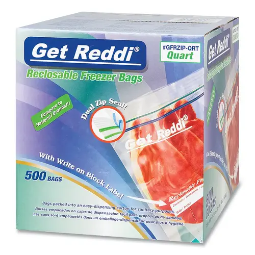 Get Reddi GFRZIP-QRT Double Zipper Reclosable Bags, 7 in x 8 in, 1.75 mil, Quart, Freezer Clear