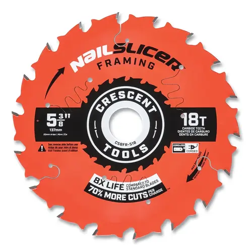 Crescent CSBFR-518 NailSlicer  Framing Circular Saw Blade, 3/4 in dia Arbor, 18 Teeth, 5-3/8 in dia Blade, 5 EA/PK