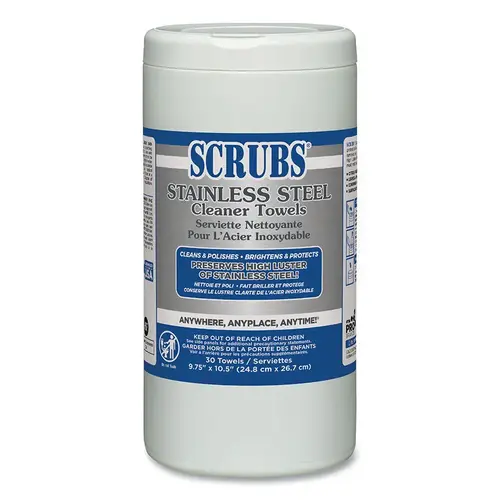 SCRUBS 91930 Stainless Steel Cleaner Towel, 9.75 in x 10.5 in, Citrus, 30 Sheets/Container