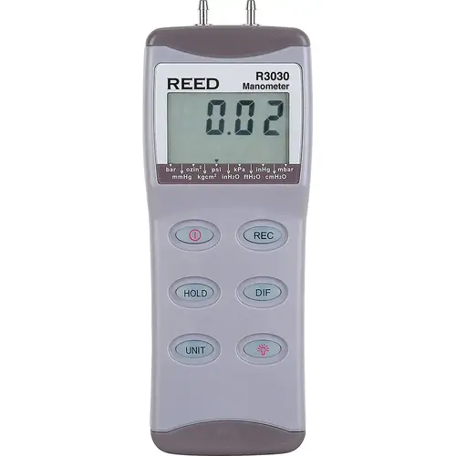 REED Instruments R3030 Differential Pressure Gauges & Switches; Indicating Liquid Color: Red ; Connection Size: 3.175mm; 0.125in ; Connection Location: Side ; Mount Type: Surface ; Body Material: Plastic ; Maximum Hg: 61.08in