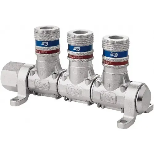 CEJN 19-902-9003-NPT Manifold: 1/2" Inlet, 1/4" Outlet, 1 Inlet Port, 3 Outlet Ports, 5.75" OAL, 2.28" OAW, 2.7" OAH