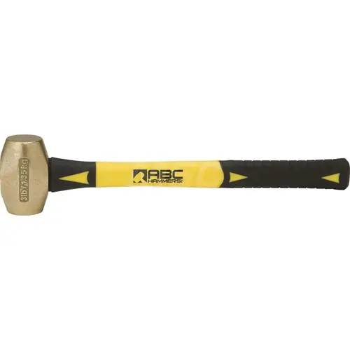ABC Hammers ABC3BF 3 lb Brass Striking Hammer, Non-Sparking, Non-Marring 1-5/8 Face Diam, 3-1/2 Head Length, 16 OAL, 14 Fiberglass Handle, Double Faced