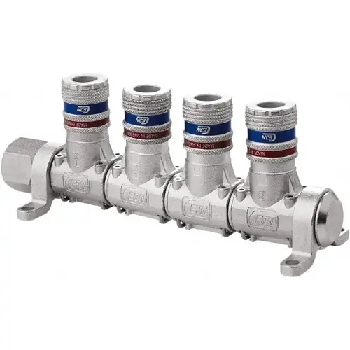CEJN 19-902-9154-NPT Manifold: 1/2" Inlet, 1/4" Outlet, 1 Inlet Port, 4 Outlet Ports, 7" OAL, 2.28" OAW, 2.7" OAH