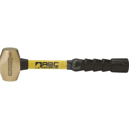 ABC Hammers ABC3BFB 3 lb Brass Striking Hammer, Non-Sparking, Non-Marring 1 5/8 Face Diam, 3-1/2 Head Length, 16 OAL, 14 Fiberglass Handle, Double Faced