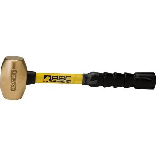 ABC Hammers ABC4BFB 4 lb Brass Striking Hammer, Non-Sparking, Non-Marring 1-3/4 Face Diam, 3-3/4 Head Length, 14 OAL, 12 Fiberglass Handle, Double Faced