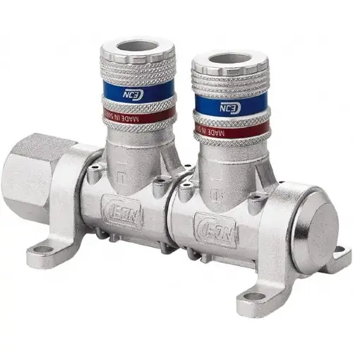 CEJN 19-902-9102-NPT Manifold: 1/2" Inlet, 1/4" Outlet, 1 Inlet Port, 2 Outlet Ports, 4.4" OAL, 2.28" OAW, 2.7" OAH