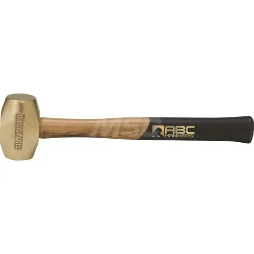 ABC Hammers ABC3BW 3 lb Brass Striking Hammer, Non-Sparking, Non-Marring 1-5/8 Face Diam, 3-1/2 Head Length, 14-1/2 OAL, 12-1/2 Wood Handle, Double Faced