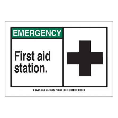 Brady 21806 EMERGENCY First Aid Station Signs, 10w x 7h, Black/Green