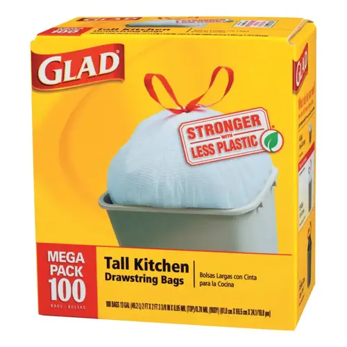 GLAD 78526CT Tall Kitchen Drawstring Bags, 24 x 27 3/8, 13gal, .95mil, White