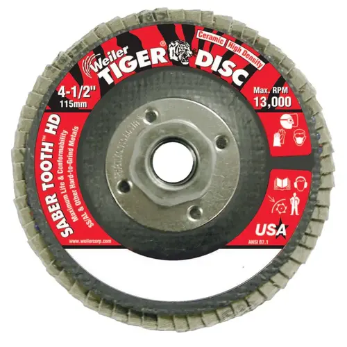 Tiger Saber Tooth Ceramic High Density Abrasive, 4-1/2 in dia, 60 Grit, 5/8 in-11 UNC Nut, 13,000 RPM, Type 27 Red