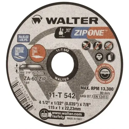 WALTER Surface Technologies 11T542 Cut-Off Wheel: 4-1/2" Dia, 1/32" Thick, 7/8" Hole, Aluminum Oxide