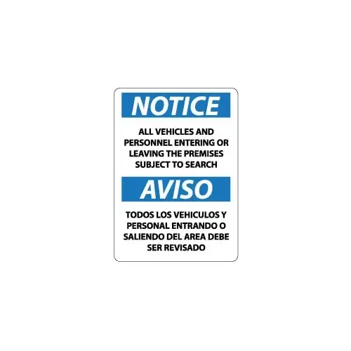 Accuform ESN373RB Sign: Rectangle, "Notice - All Vehicles and Personnel Entering or Leaving the Premises Subject to Search"