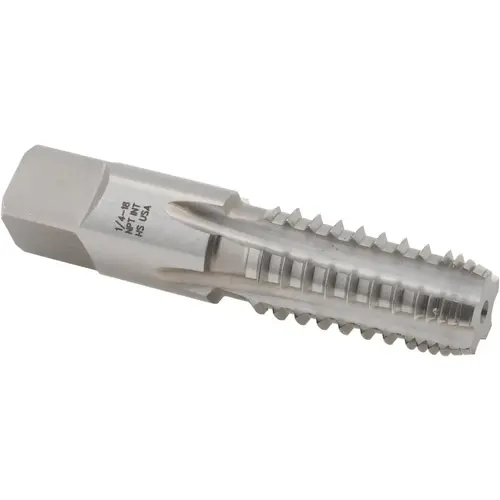 Cle-Force C69327 Interrupted Thread Pipe Taps; Thread Size (Inch): 1/4-18 in; Thread Standard: NPT; Material: High Speed Steel; Number of Flutes: 5.0; Threads Per Inch: 18; Square Length: 11.11 mm; 0.4375 in; Projection: 0.459 in; Finish: Bright; Overall Length (Inch): 2.