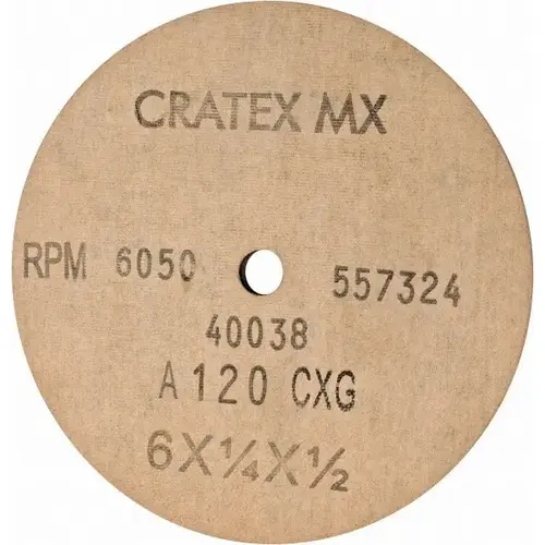 Cratex 40038 Surface Grinding Wheel: 6" Dia, 1/4" Thick, 1/2" Hole, 120 Grit