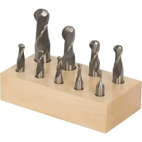 End Mill Set: 2 Flute, Ball End, 9Pc Bright/Uncoated