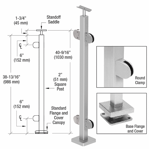Brushed Stainless 2" Square 180 Degree Center Post Kit with Z-Series Round Clamps