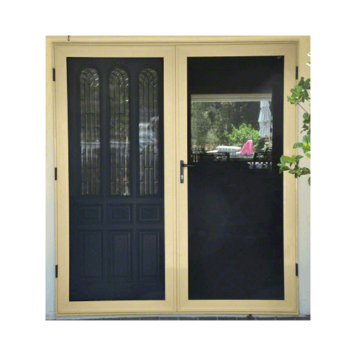 Security Screen Almond Finish 3-Sided Custom Size Premium French Security Door With Active Door on Right