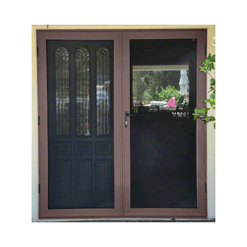 Security Screen Brown Finish 4-Sided Custom Size Premium French Security Door with Active Door on Right