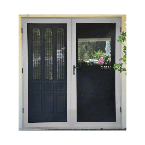 Security Screen Light Gray Finish 4-Sided Custom Size Premium French Security Door with Active Door on Right