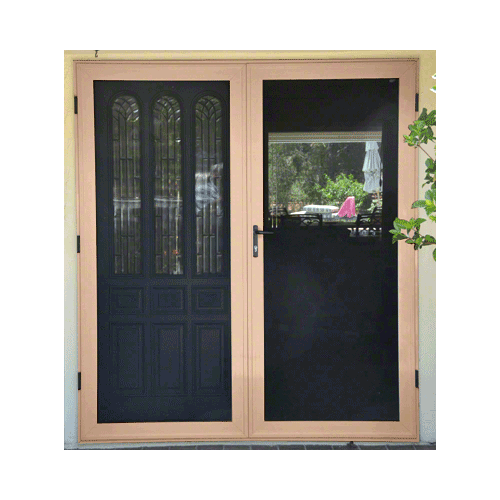 Security Screen Sahara Brown Finish 4-Sided Custom Size Premium French Security Door with Active Door on Right