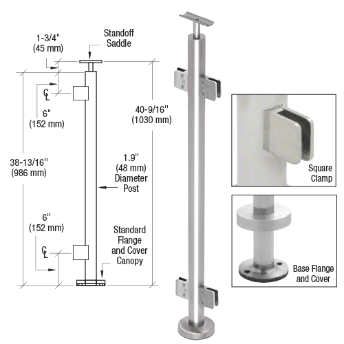 Polished Stainless 1.9" Diameter Round 180 degree Center Square Clamp Post Kit