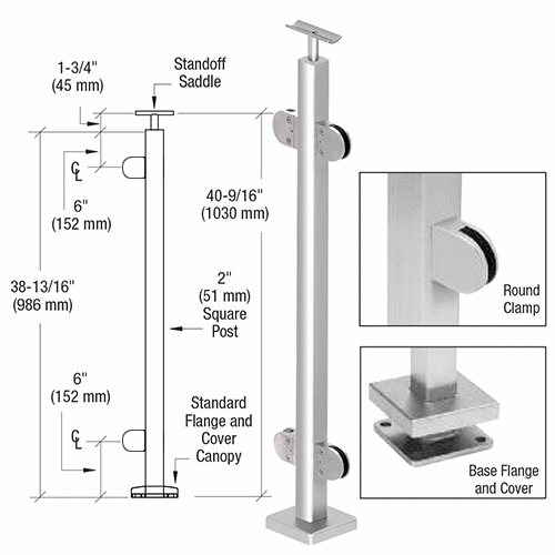 Polished Stainless 2" Square 180 Degree Center Post Kit with Z-Series Round Clamps