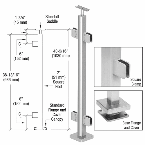 Polished Stainless 2" Square 180 Degree Center Post Kit with Z-Series Square Clamps