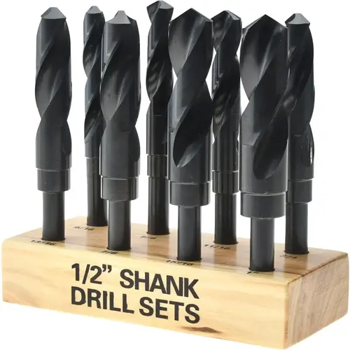 Drill Bit Set: Reduced Shank Drill Bits, 8 Pc, 1" Drill Bit Size, 118 degree, High Speed Steel Oxide