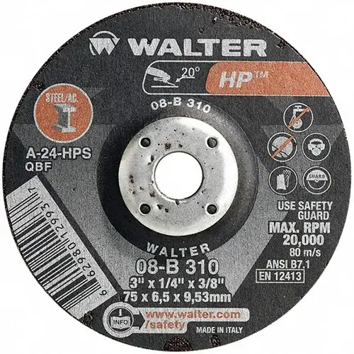 WALTER Surface Technologies 08B310 Depressed Grinding Wheel: Type 27, 3" Dia, 1/4" Thick, 3/8" Hole, Aluminum Oxide