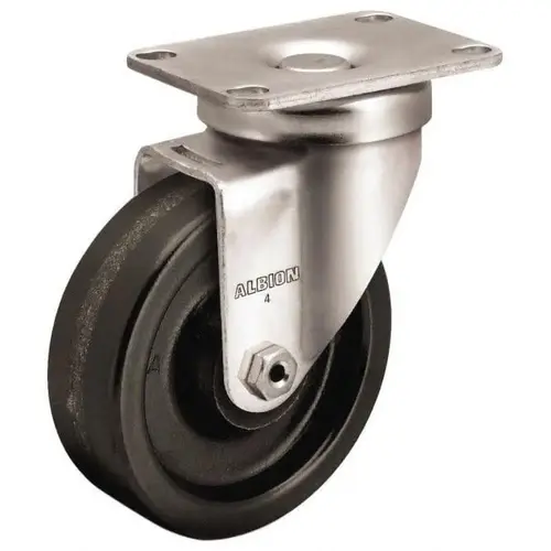 Albion 02TM04041S Swivel Top Plate Caster: Phenolic, 4" Wheel Dia, 1-1/4" Wheel Width, 350 lb Capacity, 5-1/8" OAH