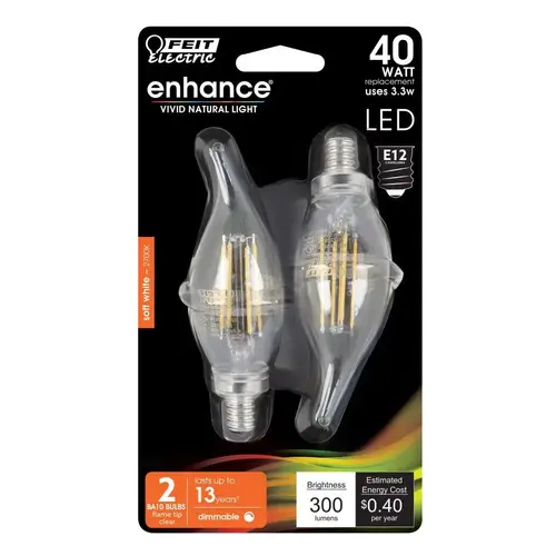 Feit BPCFC40927CAFIL2RP/6 Feit Ba10 3.3 Wat 2700k E12 Bs Clr Flnt Flm Tp LED Blb Package Of 12