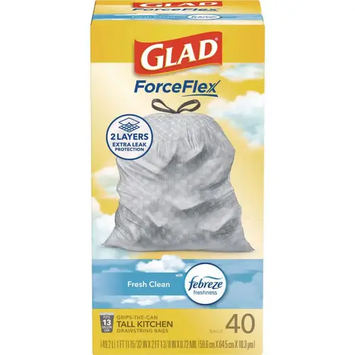 GLAD CLO78361 Glad Odorshield Kitchen Drawstring Bags, Fresh Clean, 13 Gallon, Carton Of 240