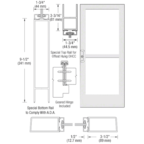 CRL-U.S. Aluminum CZ41952L036105 White KYNAR Paint Single 36" x 84" Series 400 Medium Stile Left Side Latch Geared Hinge Entrance Door With Panic for 105 Degree Overhead Concealed Door Closer