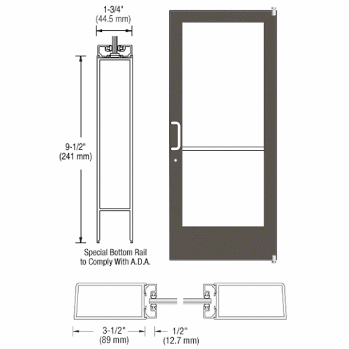 CRL-U.S. Aluminum 1DE41222L036 Bronze Black Anodized 400 Series Medium Stile (RHR) HRSO Single 3'0 x 7'0 Offset Hung with Pivots for Surf Mount Closer Complete Door Std. Lock and 9-1/2" Bottom Rail for 1" Glass with Standard MS Lock and Bottom Rail
